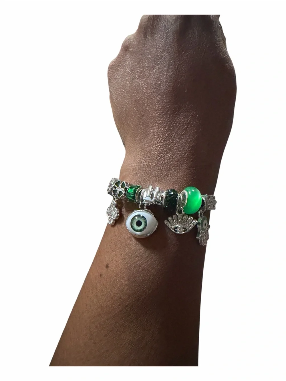 Silver Charm Adjustable Twisted Bangle with Green Eye and Hamsa Accents